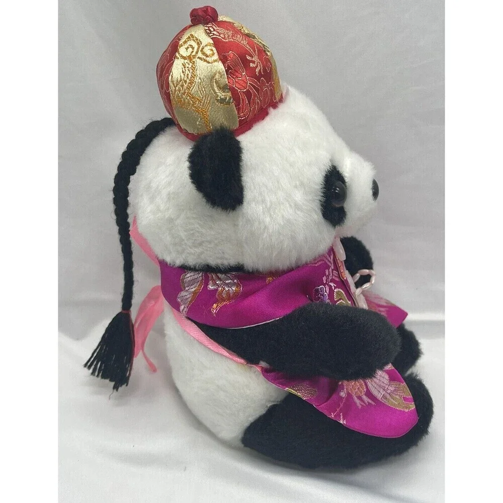 Panda Bear With Pink Tang Suit Gold Red Hat  Plush Stuffed Animal Soft Toy 7''